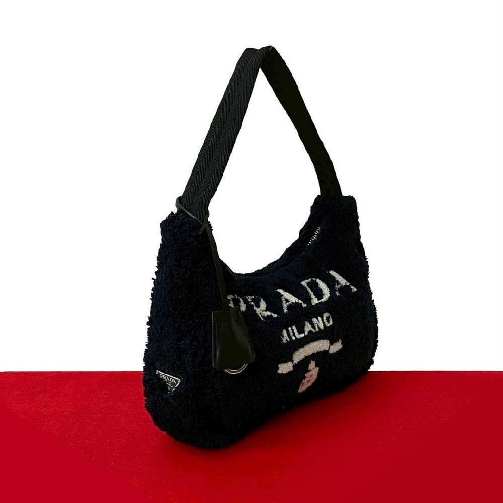 PRADA Terry Re Edition triangular pile handbag Hobo bag Clutch black